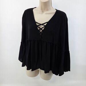 Ambiance Lace Up Bell Sleeve Peplum Women Size M Black Flowy Boho Whimsigoth